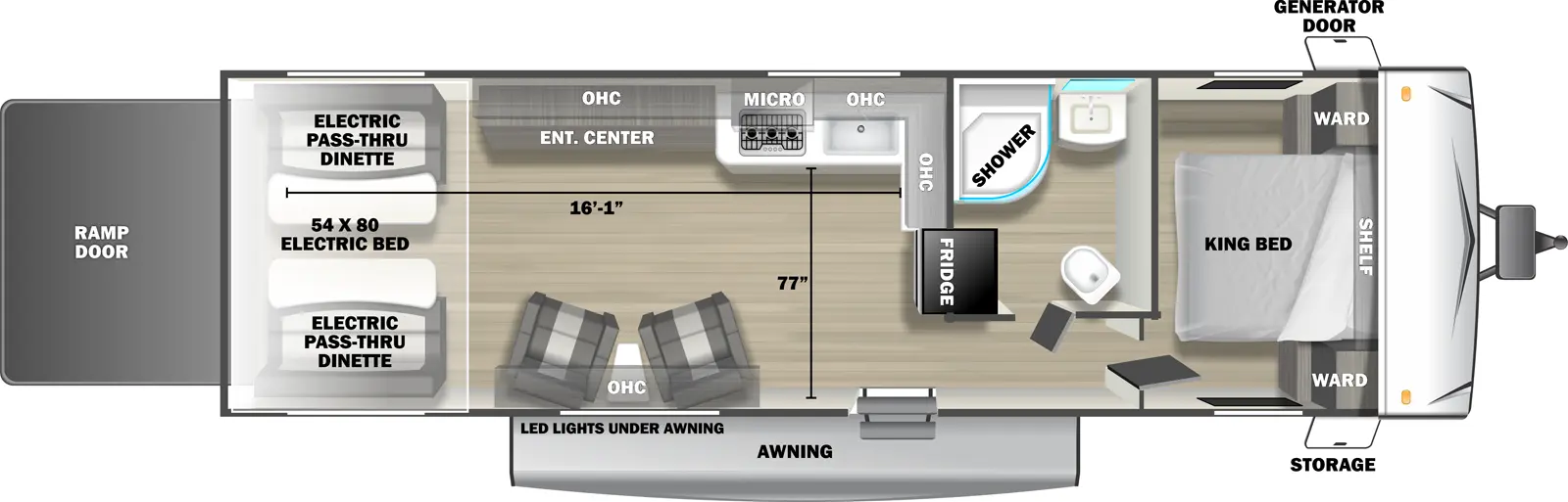 The 2730SRX travel trailer has no slide outs, 1 entry door and 1 rear ramp door. Exterior features include an awning with LED lights, front door side storage and front off-door side generator door. Interior layout from front to back includes: front bedroom with foot-facing King bed, shelf over the bed, and front corner wardrobes; off-door side bathroom with shower, linen storage, toilet and single sink vanity; off-door side kitchen with L-shaped countertop, overhead microwave, overhead cabinets, sink and rear facing refrigerator; door side overhead cabinet over 2 recliners with end table; off-door side entertainment center with overhead cabinet; and rear 54 x 80 electric bed over electric pass-through dinette. Cargo length from rear of unit to kitchen countertop is 16 ft. 1 in. Cargo width from kitchen countertop to door side wall is 77 inches.